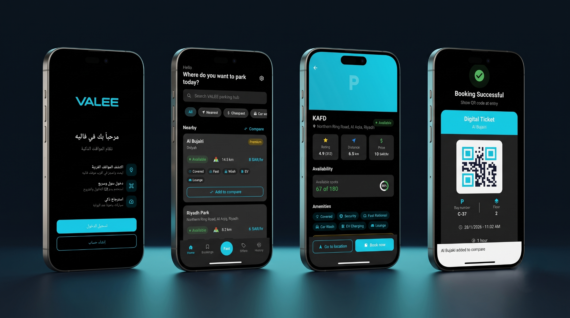 Four iPhones showing the Valee app: welcome screen, hub search, hub details, and a digital QR ticket