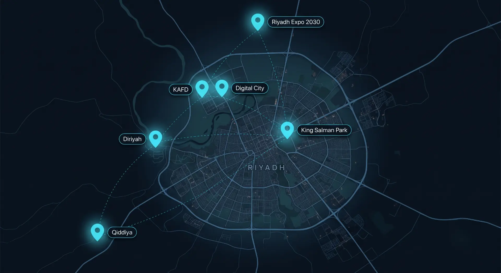 Night map of Riyadh showing six Valee target districts — Riyadh Expo 2030, KAFD, Digital City, King Salman Park, Diriyah and Qiddiya.